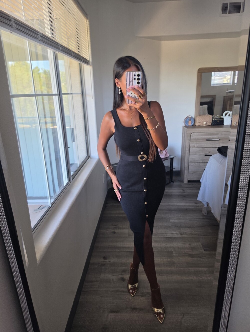 Elegant Black Button-Front Midi Dress with Belt Detail Stretchy - Picture 5 of 17